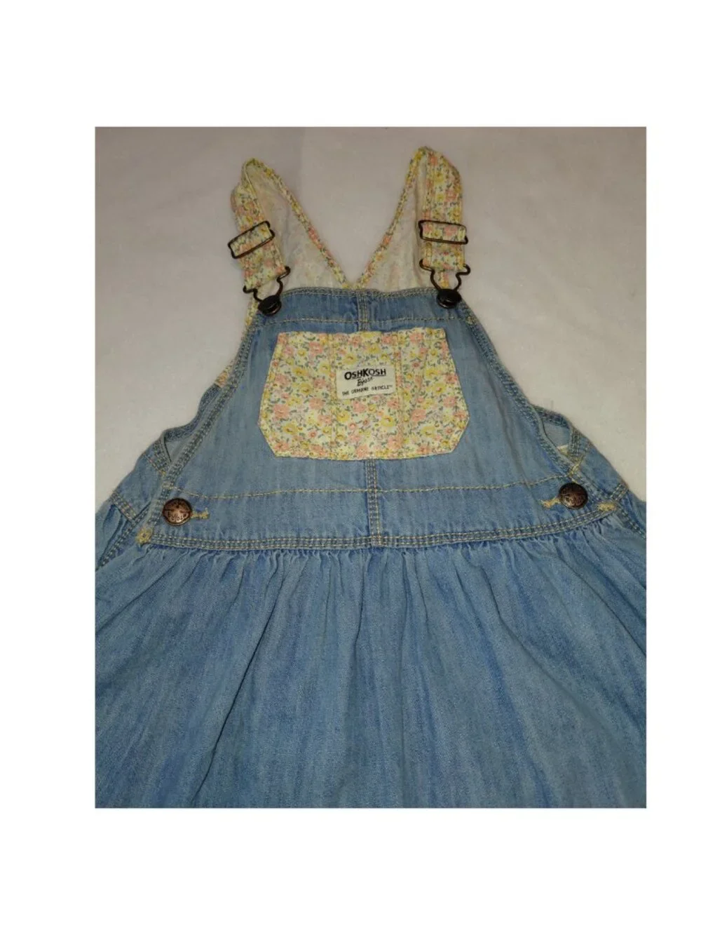 OshKosh B’gosh Girls 3T Denim Overall Jumper Dress Floral Pocket & Straps